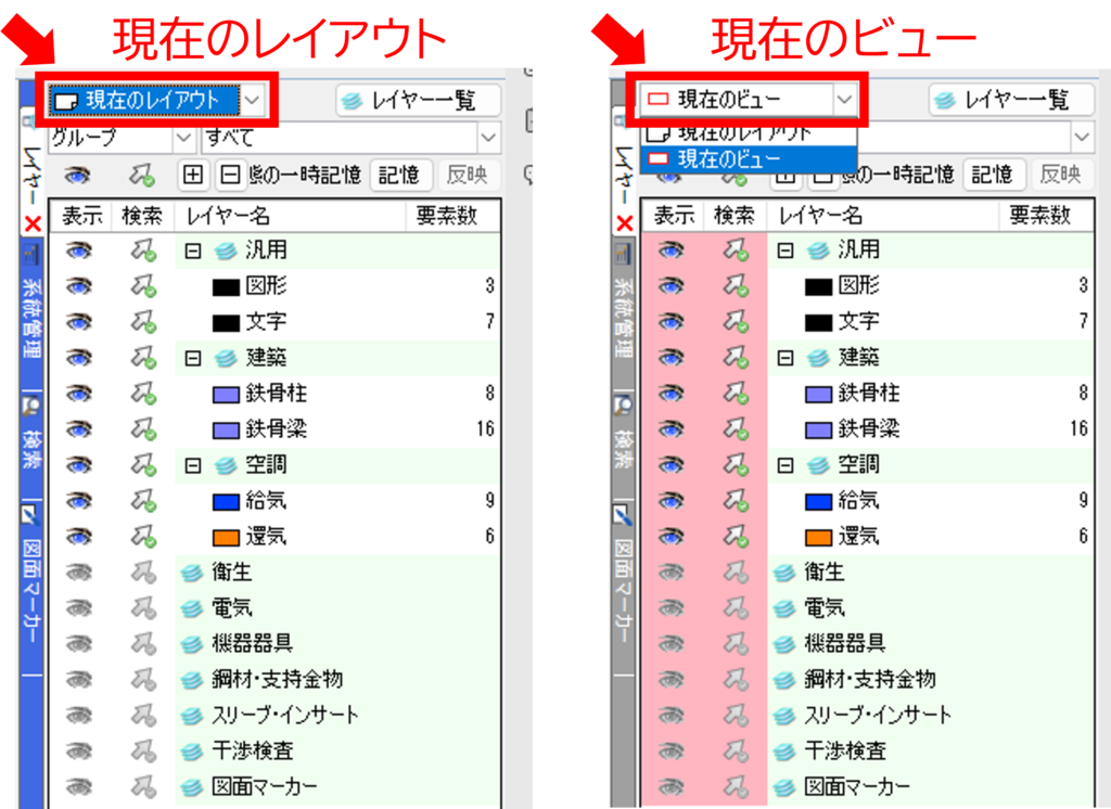 現在のレイアウトと現在のビュー